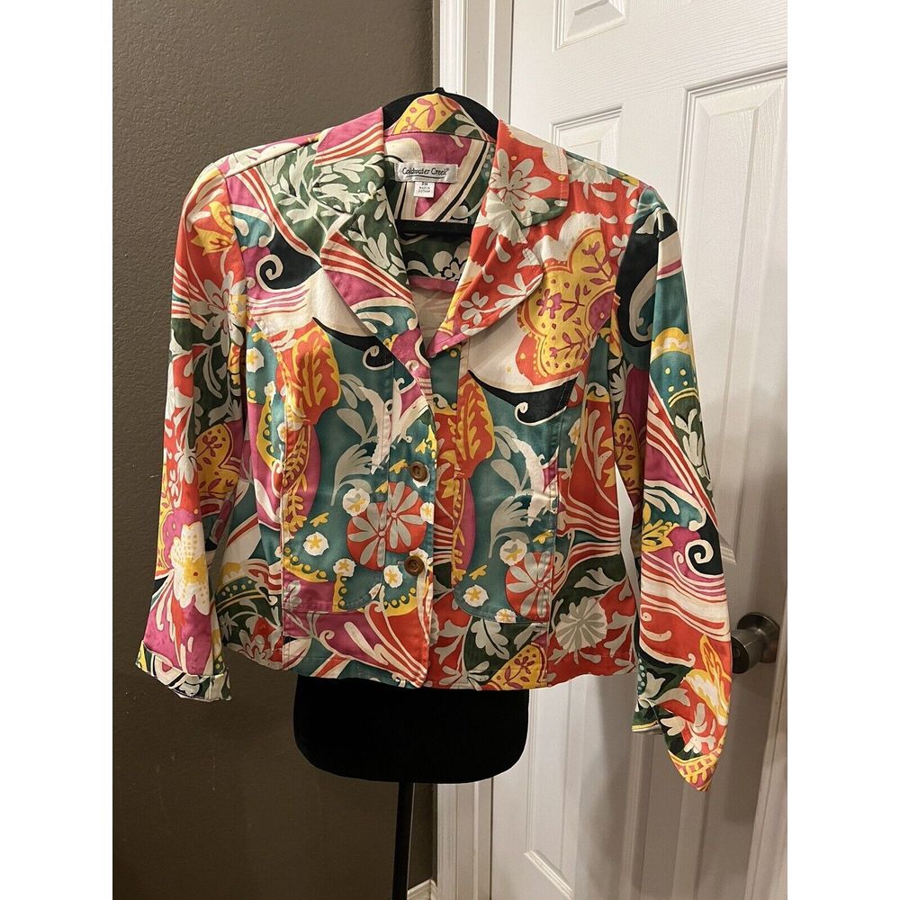Coldwater Creek Petite Medium Blazer Button Front Jacket Floral Colorful Retro